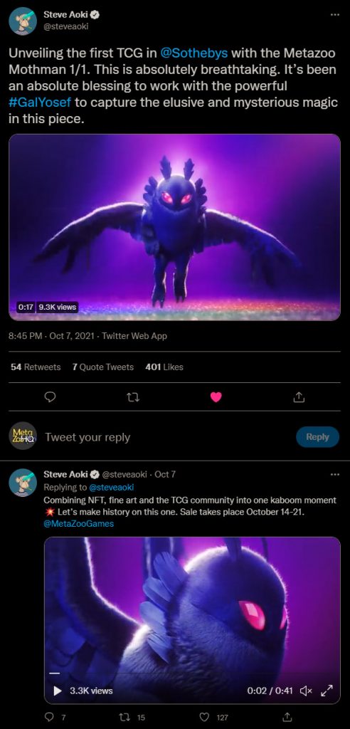 Tweet by Steve Aoki Announcing 1 of 1 MetaZoo Mothman NFT